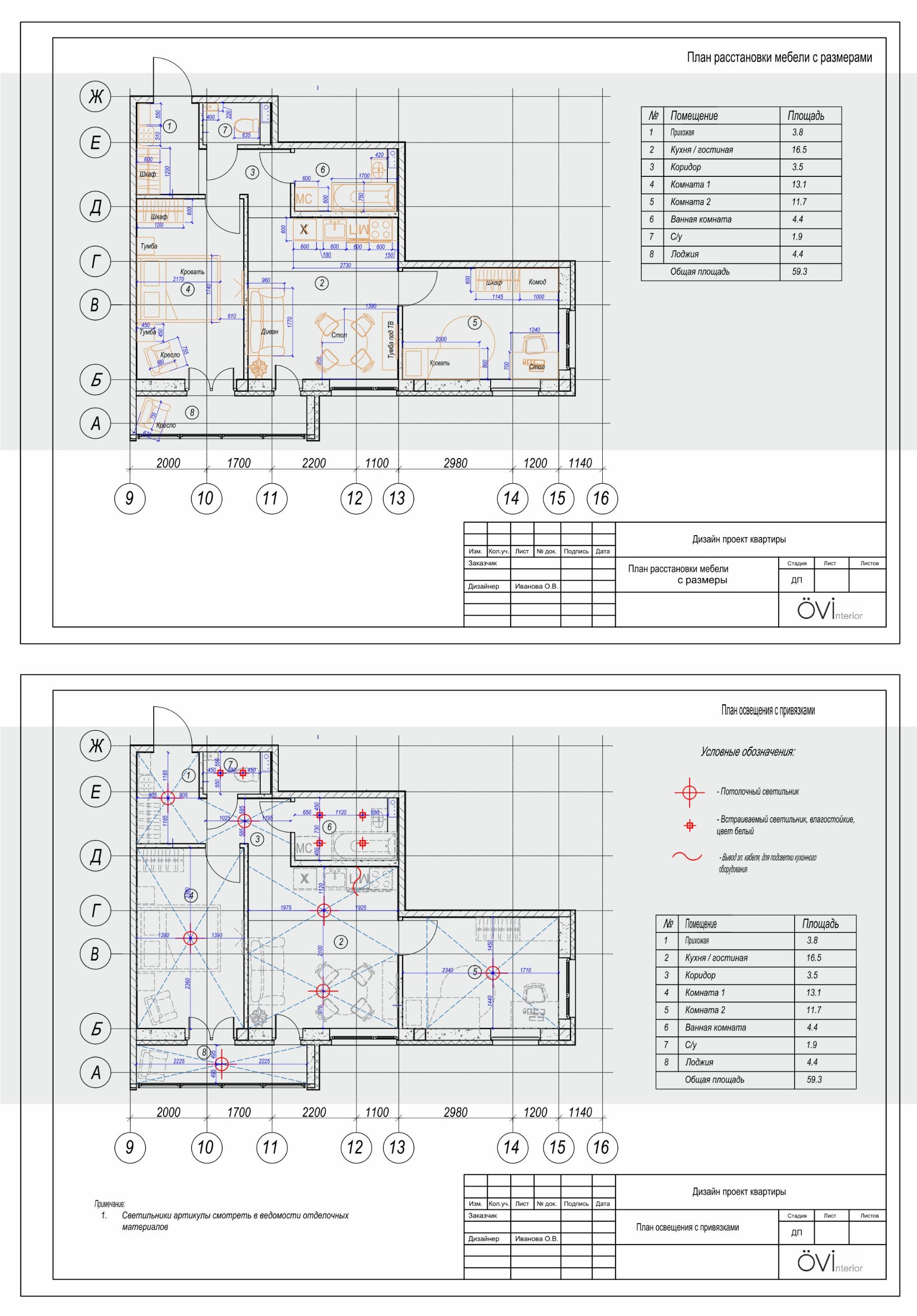 Пример обмерного и рабочего плана интерьера